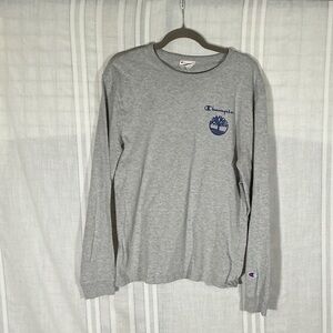 Champion Long Sleeve Crewneck Shirt in Heather Gray with Navy Logo